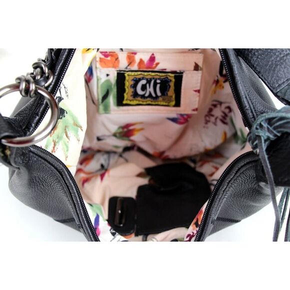 Chi by Carlos Falchi BLACK GENUINE LEATHER AND SNAKESKIN SHOULDER BAG HOBO PURSE - Picture 7 of 11